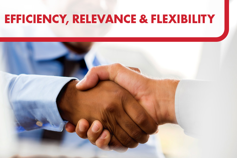 People shaking hands with the callout, "efficiency, relevance and flexibility"
