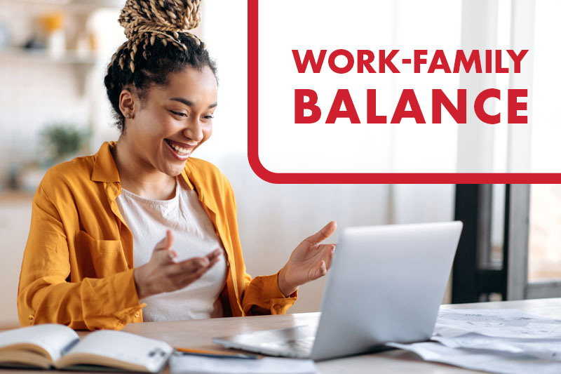 A person taking online classes with the callout "Work-Family Balance"