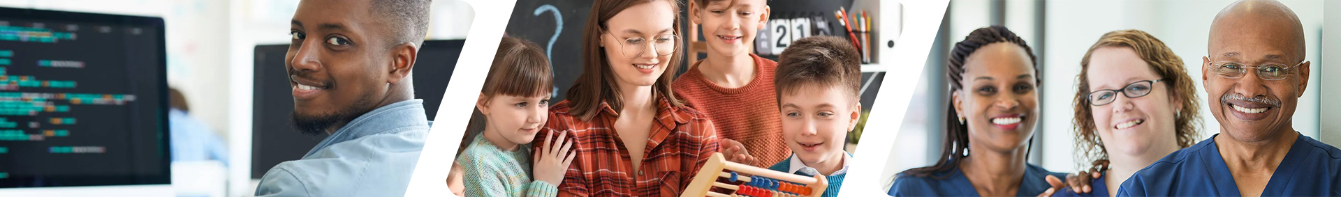 A collage of a person writing code, a teacher and a group of nurses A collage of a person writing code, a teacher and a group of nurses