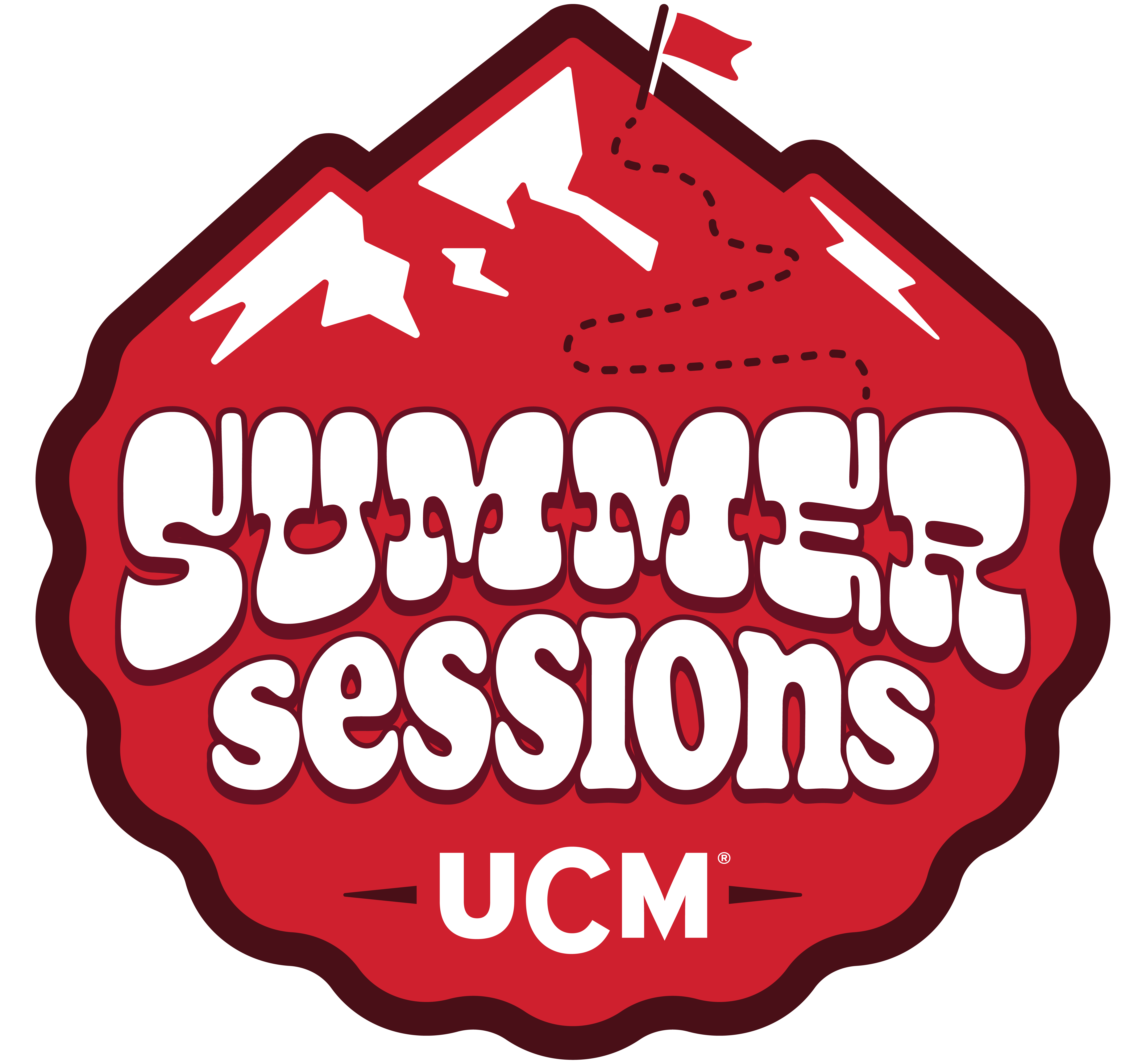 Summer sessions logo styled like a badge with mountains and pathway marked