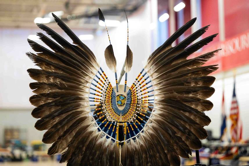 2025 Trading Moon Powwow regalia Intricate Native American feather dance bustle regalia with colorful beadwork