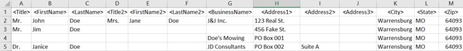 Example for a typical mailing project Example of an excel table for a typical mailing project with stock fill text input in the fields