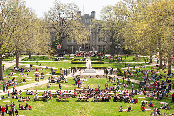 An aerial view of the UCM Quad during the Founder's Day celebration.