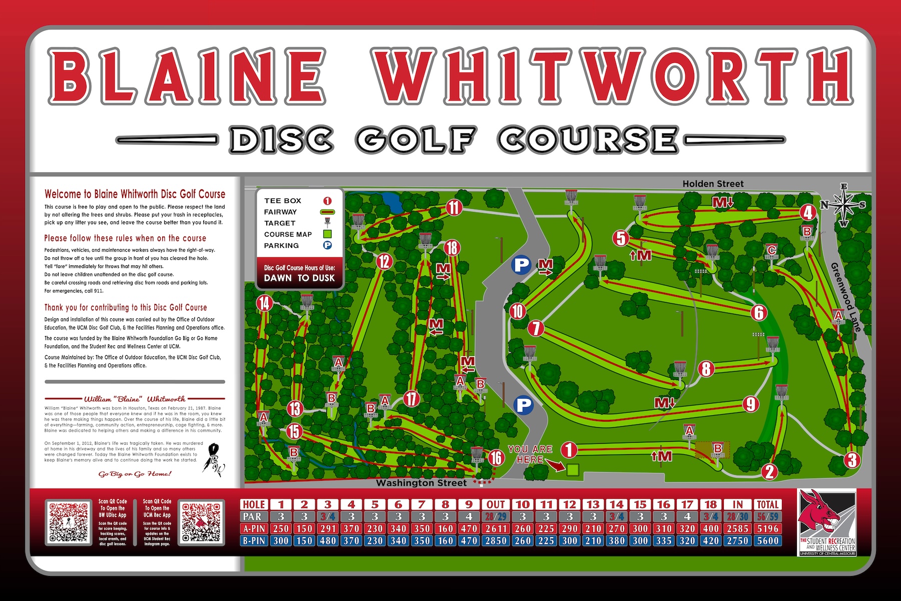 Map of the 18 hole Blaine Whitworth disc golf course on the UCM campus