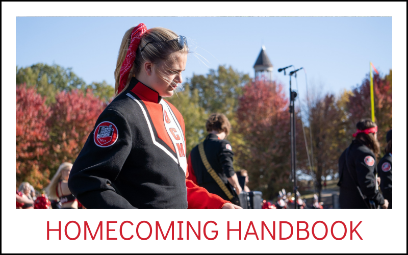 Button to homecoming handbook featuring marching mule