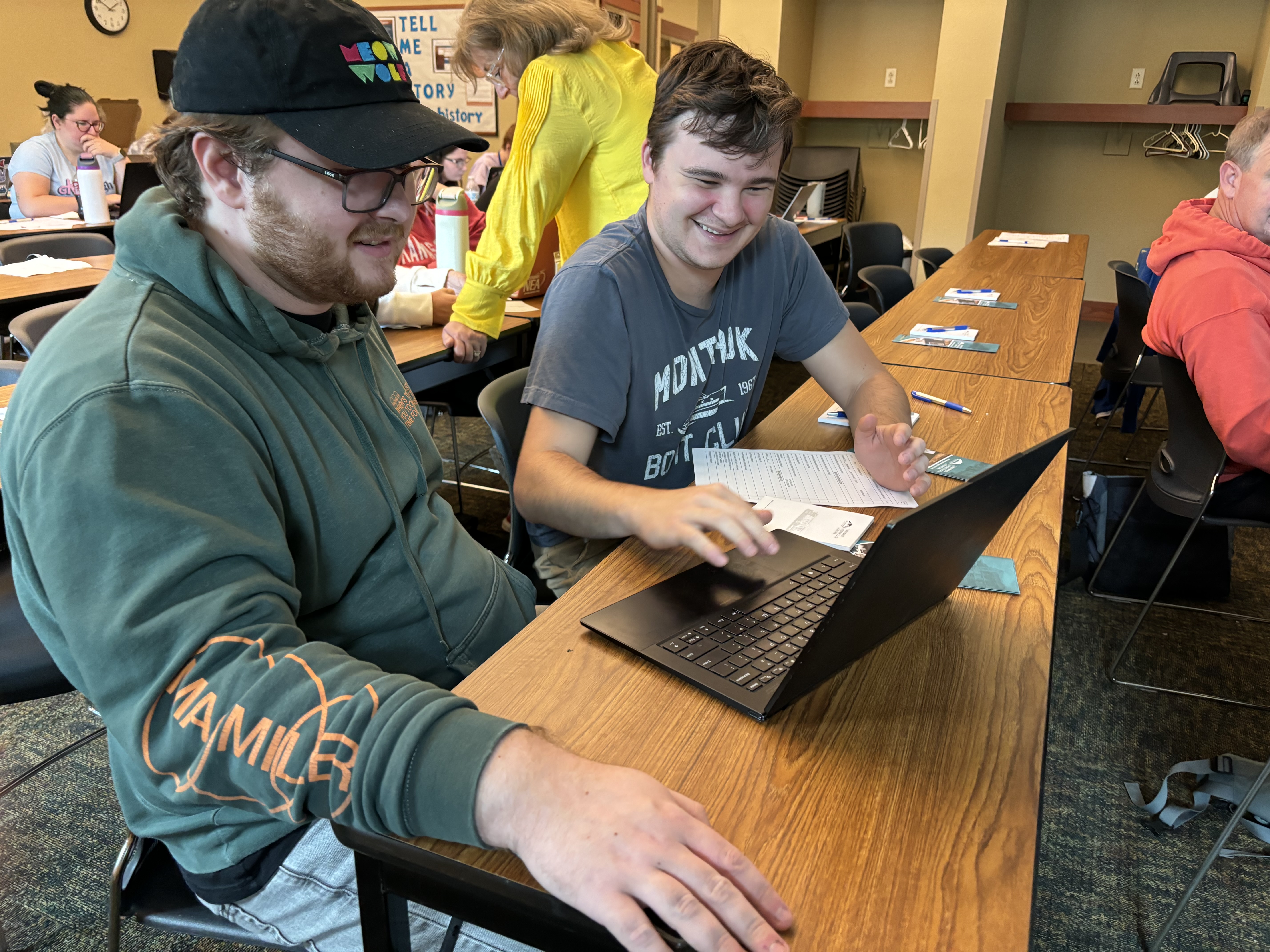 Veteran Voices from the Heartland MA student Joey Lake and undergraduate student Truman Harrow of UCM attend the session at the Midwest Genealogy Center in Independence, Missouri.