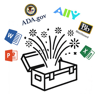 A graphic of an open toolbox with various logos flying out from within. Logos include Microsoft Word, Powerpoint, and Excel. Additonal logos for Blackboard, Ally, and the ADA.gov website