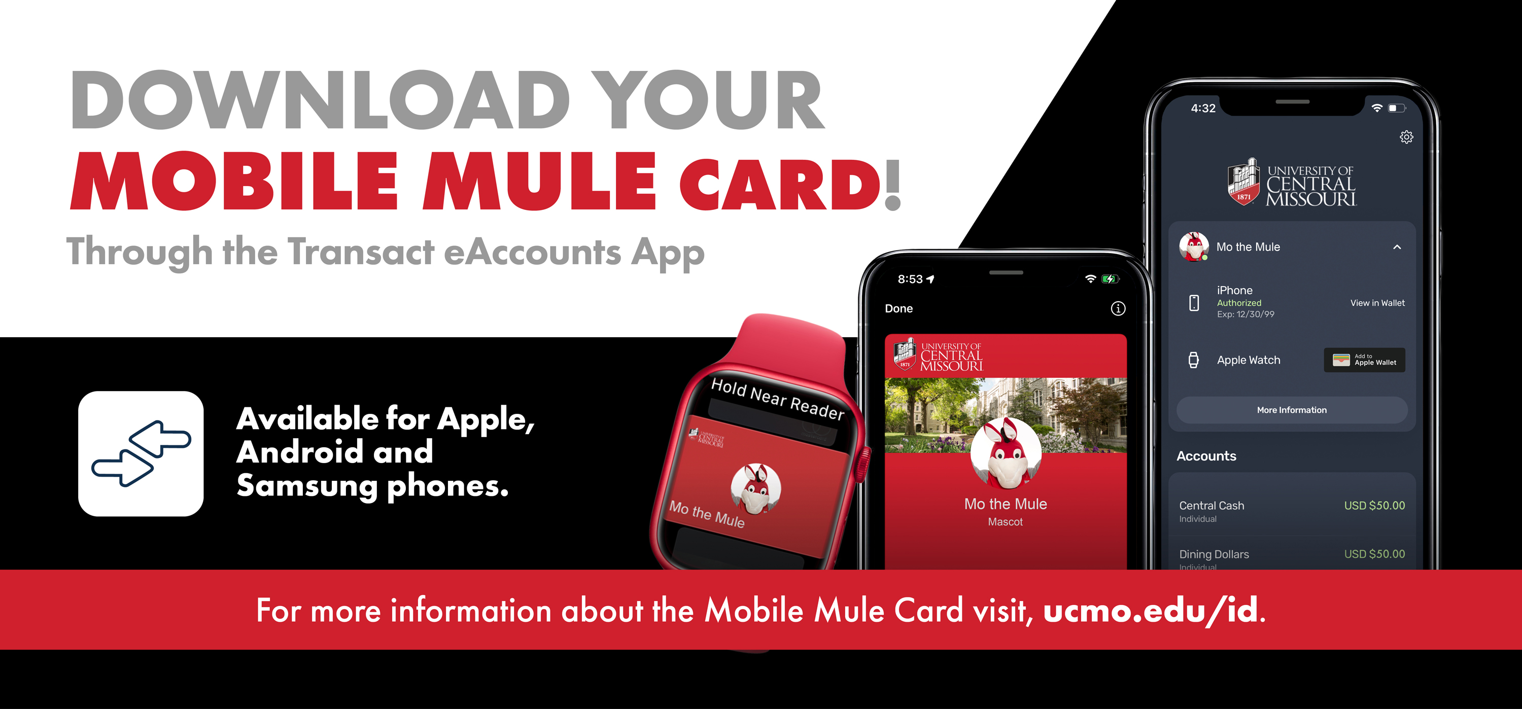 Mobile Mule Card images with a cell phone, apple watch, app icon