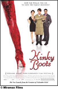 Tall shint red boot heel with Kinky Boots in red letters. There are three individuals in the top right corner staring with the words "How far would you go to save the family business?"