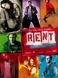 Collage of images of the main cast member. Vibrant colors with each cast member placed within a torn square reflecting a scrapbook. Rent is in bold letters.