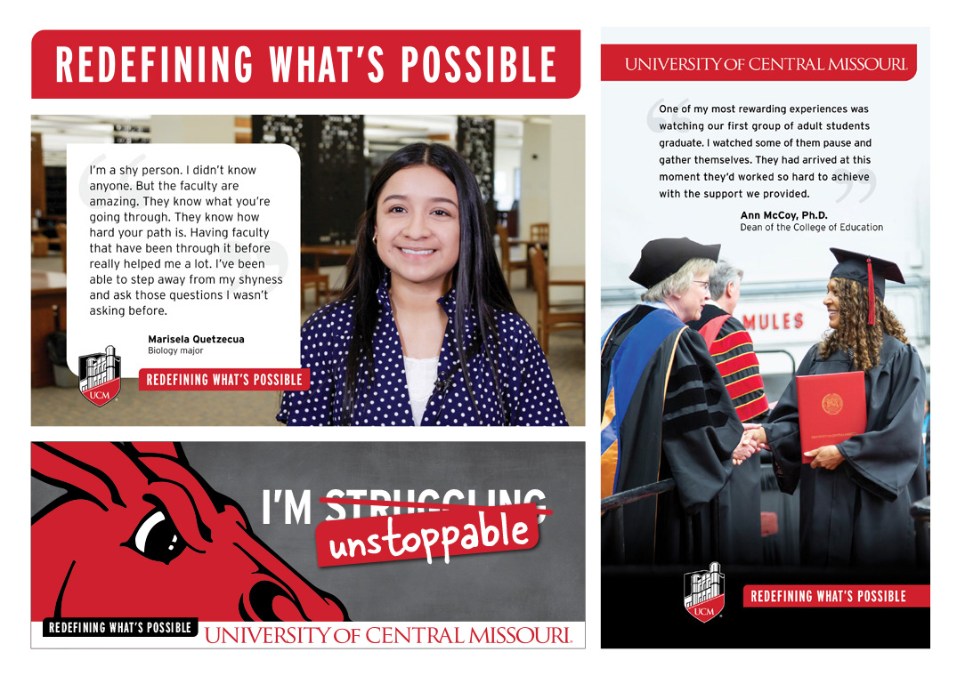 Graphics and images of students and the "Redfining What's Possible" campaign design
