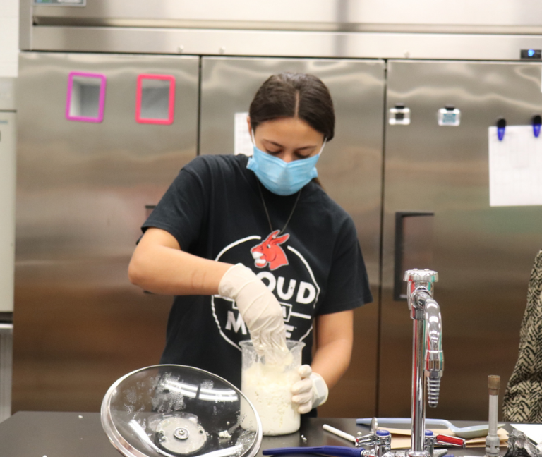 Honors student making cheese in a lab.