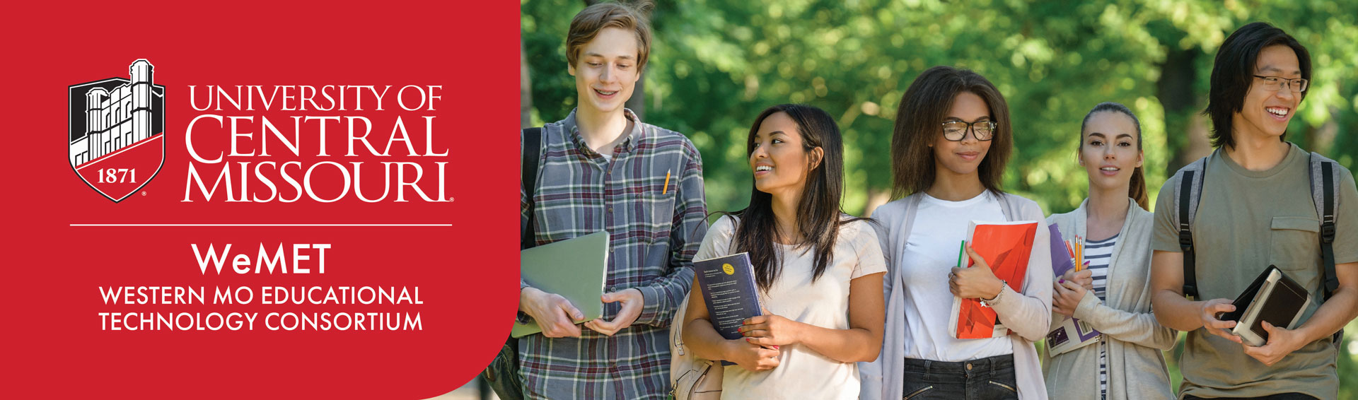 Five students walking outdoors